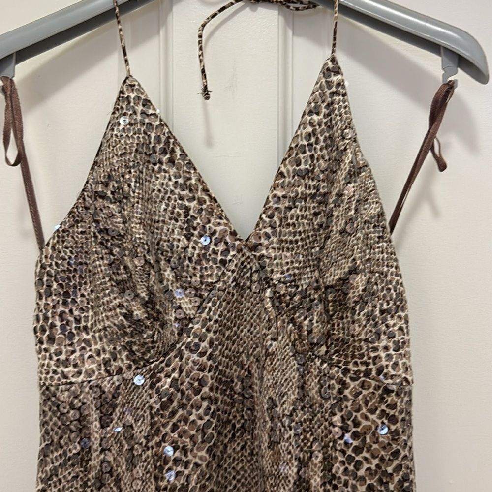 Designer Evening Gown with Halter Top in Snake Print with Scattered Sequins.